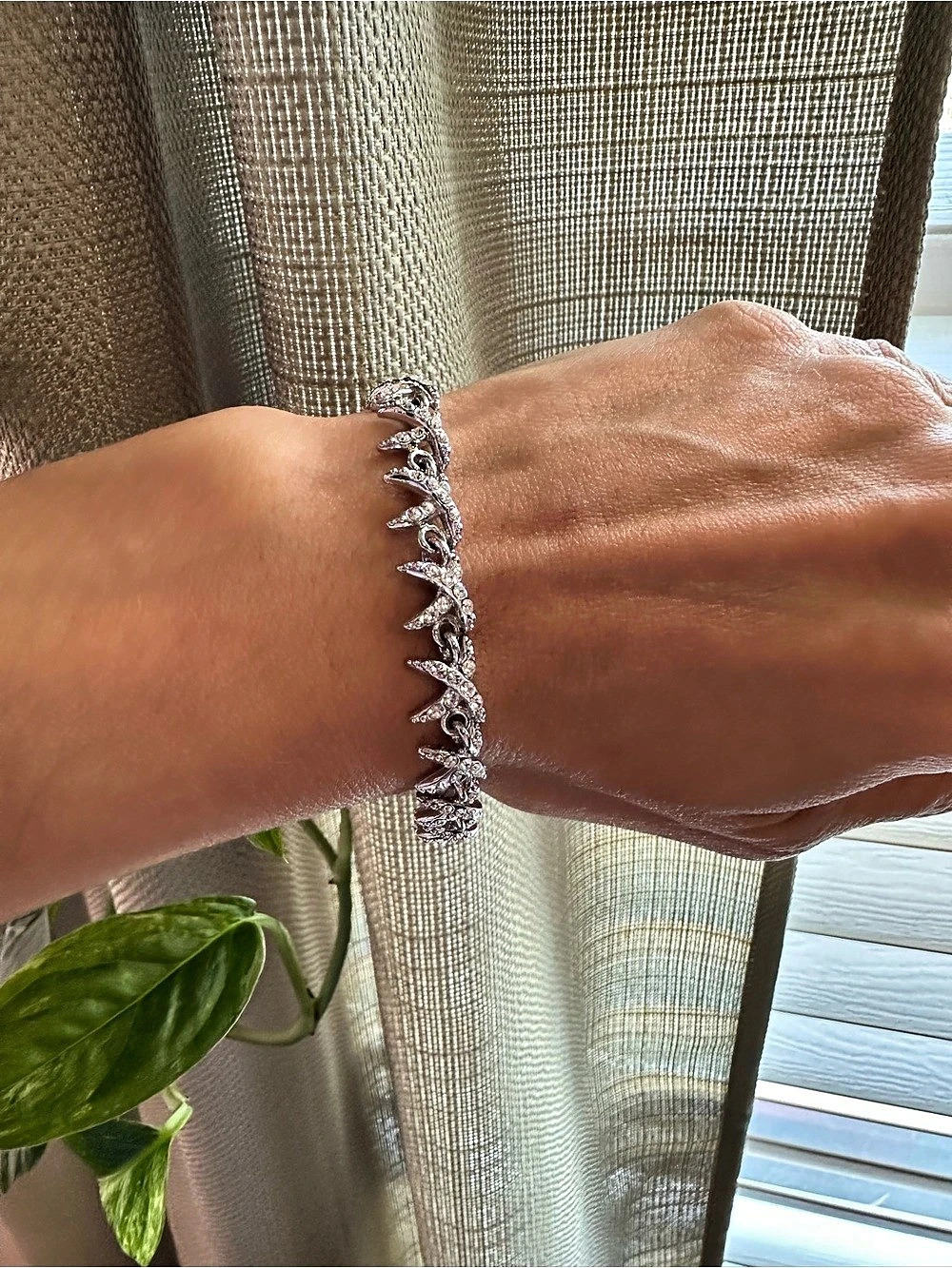 Vintage Y2K Silver Rhinestone Leaf Vine Statement Bracelet McBling